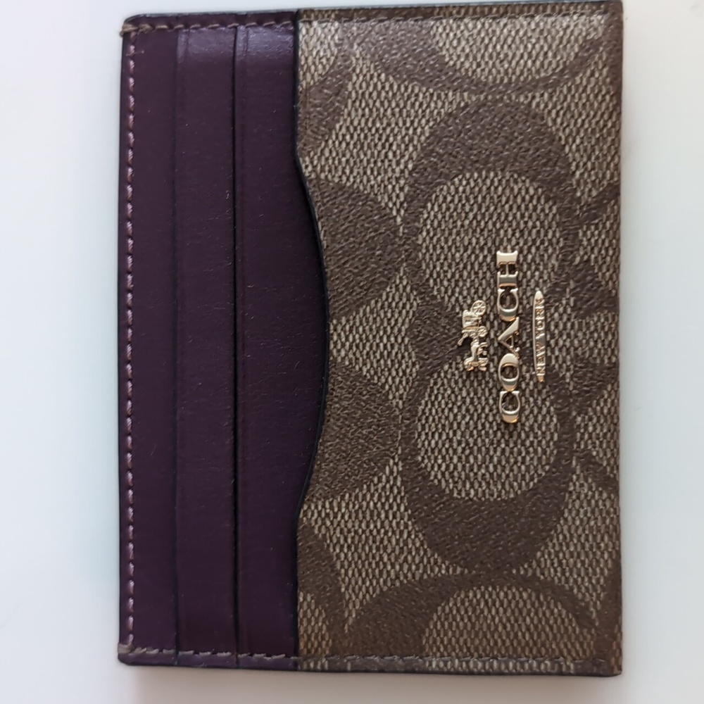 Coach Slim Id Card Case Gold Khaki Berry